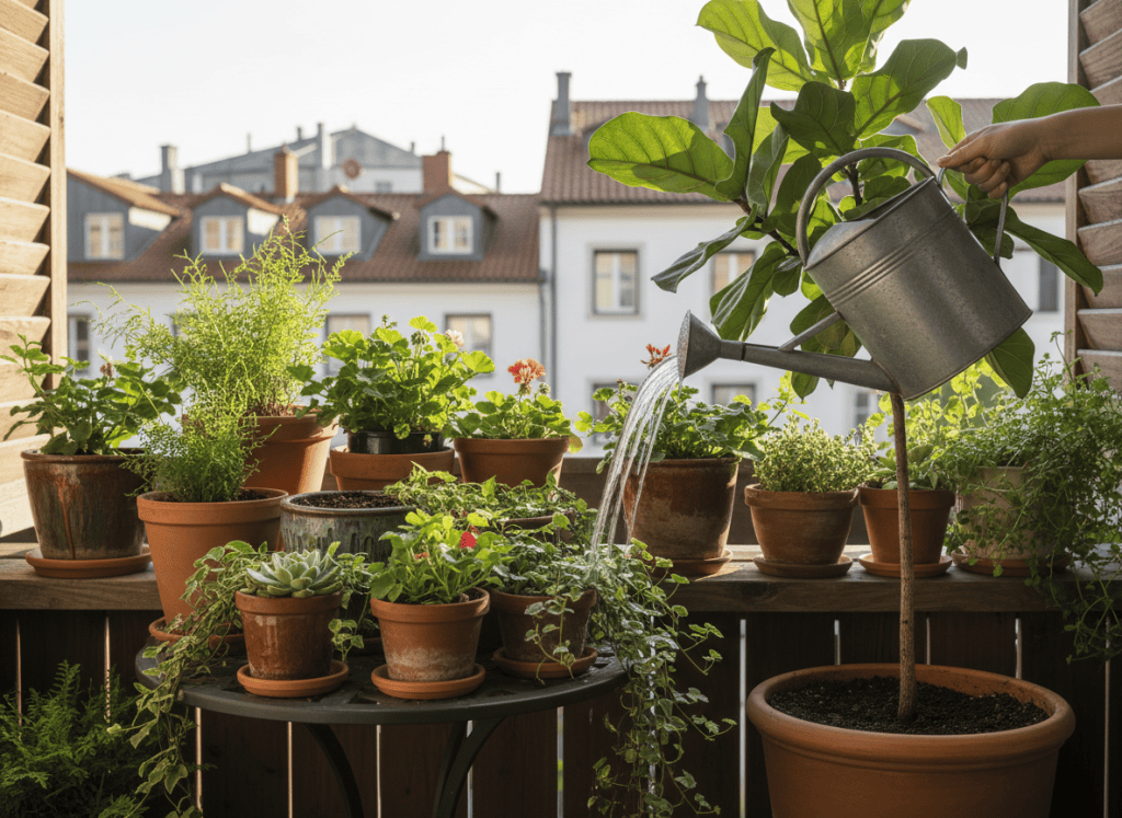 Riego de plantas en macetas con una regadera