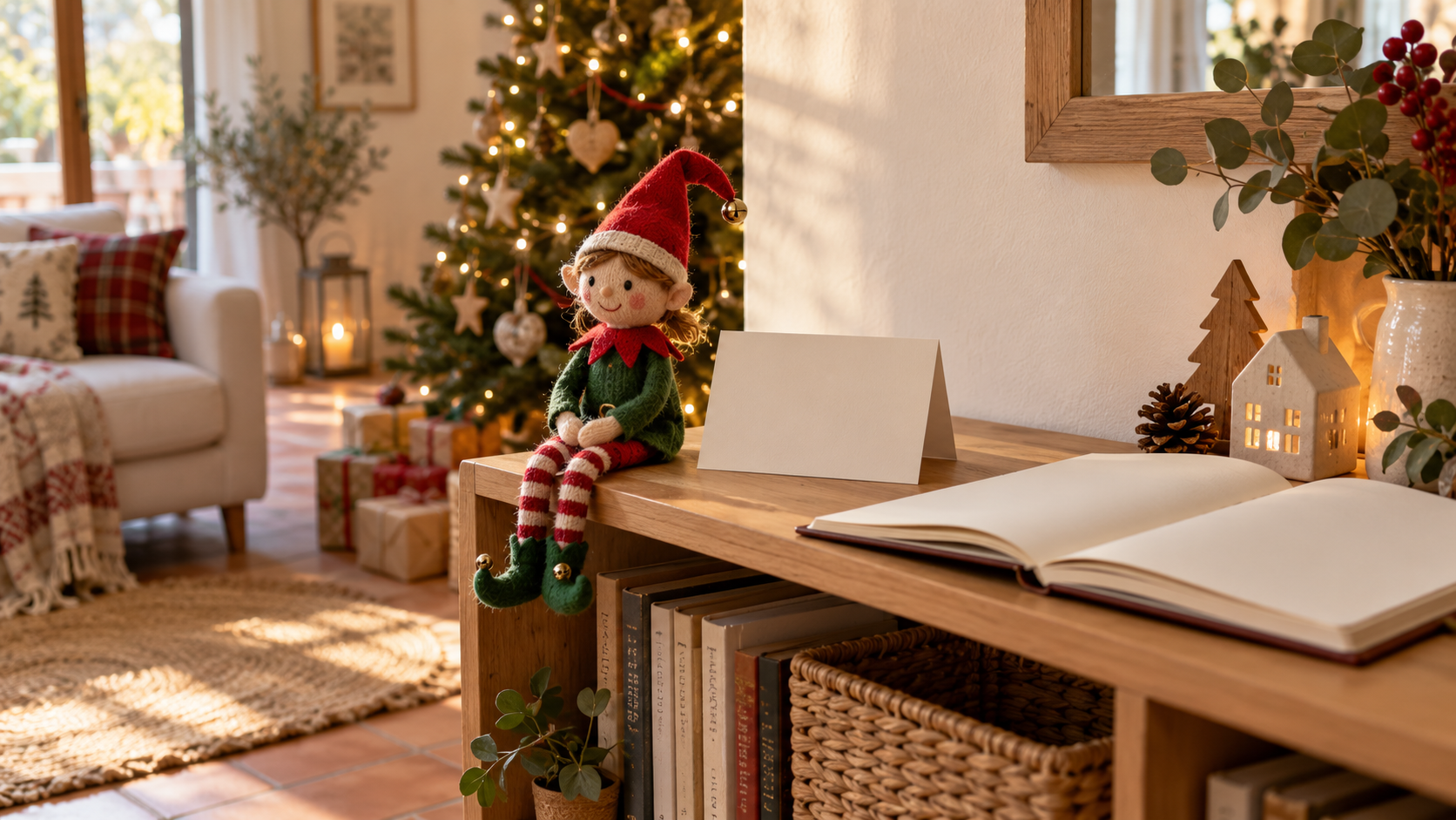 Muñeco de elfo navideño junto a una nota en blanco en una estantería de casa
