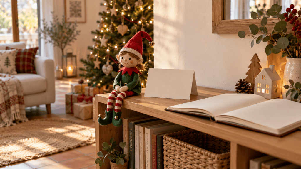 Muñeco de elfo navideño junto a una nota en blanco en una estantería de casa