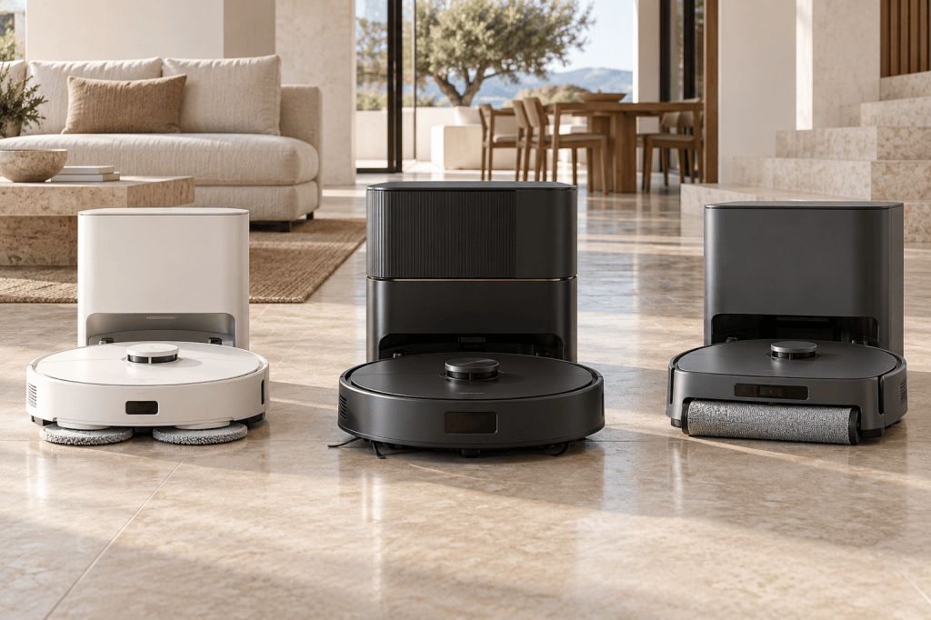 Robots Roborock de distintas gamas junto a sus bases, con mopa giratoria, perfil ultrabajo y rodillo de fregado.