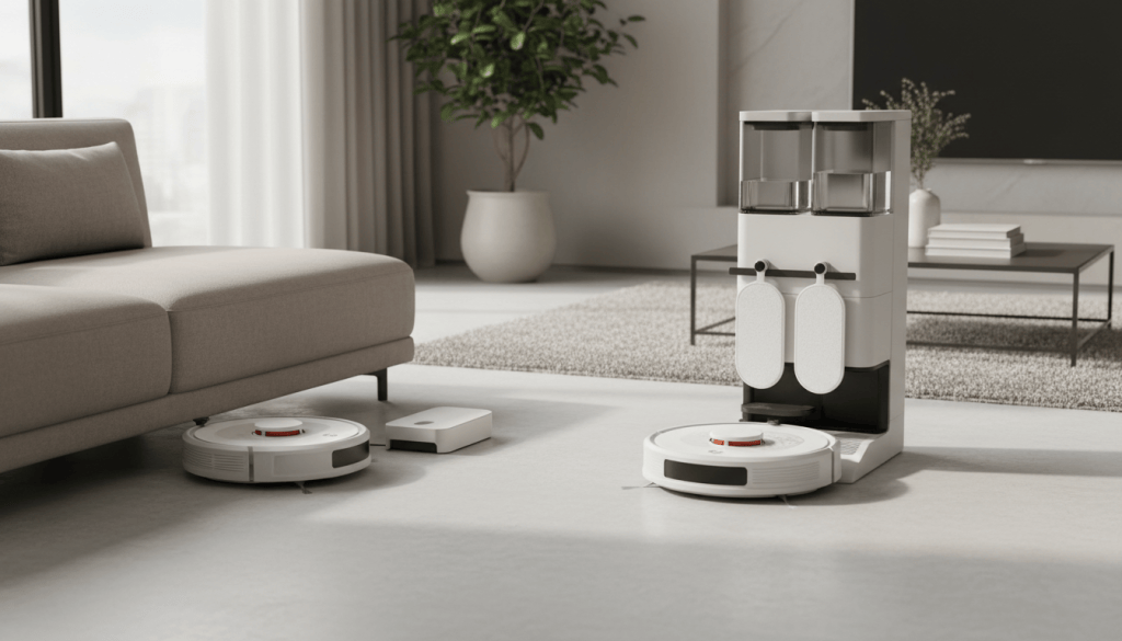 Dos robots aspiradores bajos junto a una base multifunción, uno entrando bajo un sofá con el sensor superior retraído.