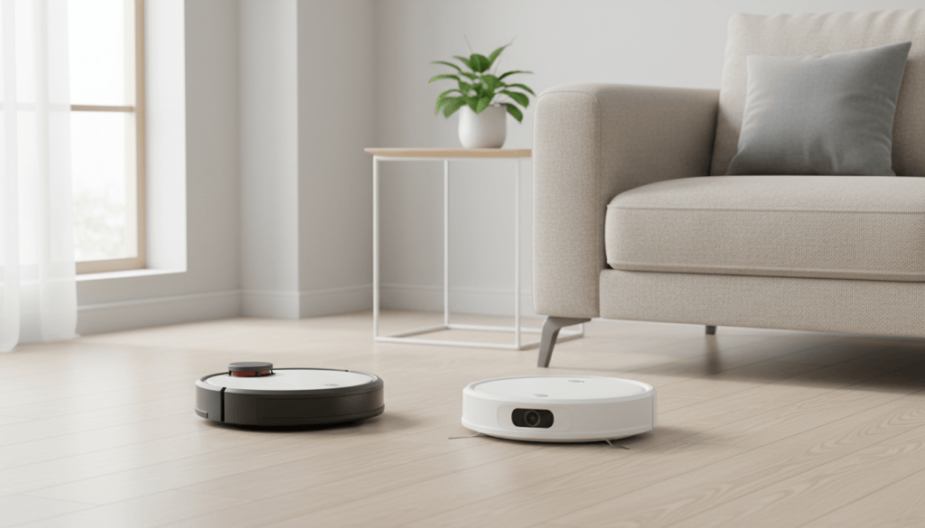 Dos robots aspiradores genéricos: uno con torreta láser en la parte superior y otro con cámara frontal.