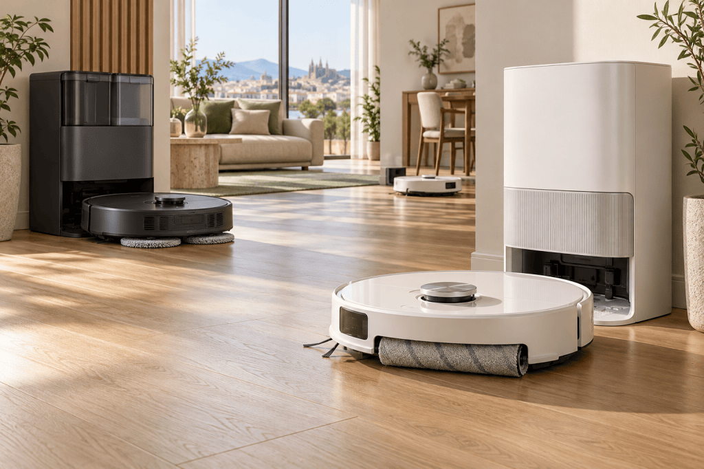 Tres robots aspiradores Dreame de distintas gamas, con estación de mopas giratorias y un robot con rodillo de fregado