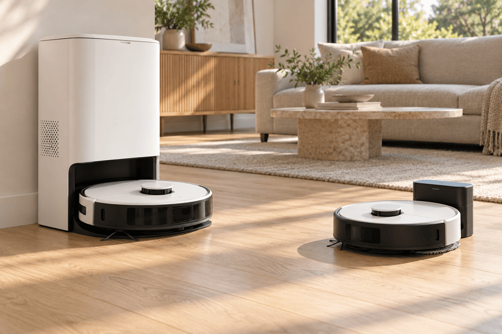 Dos robots aspiradores con mopa, uno junto a una estación de autovaciado y otro con una base compacta