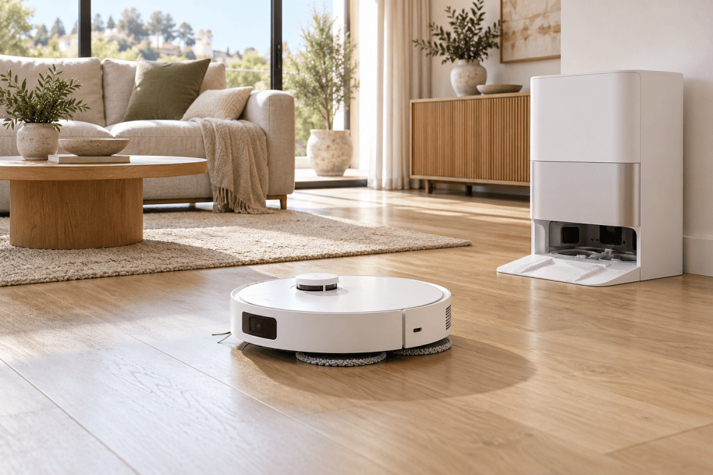 Robot aspirador blanco con dos mopas giratorias y base de lavado en un salón luminoso