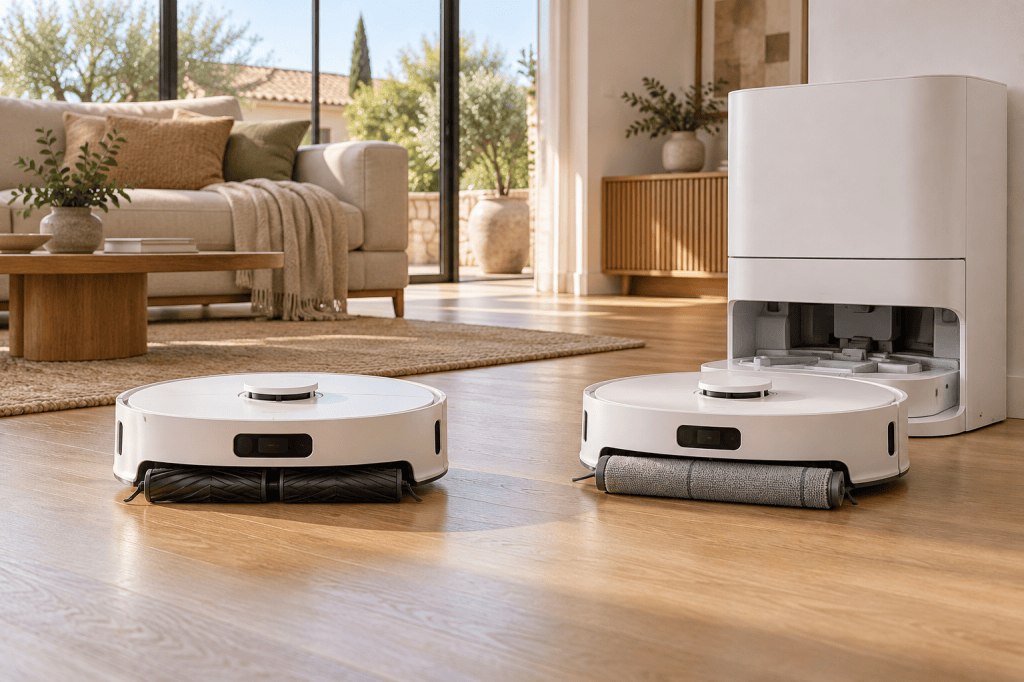 Dos robots aspiradores blancos, uno con base de autovaciado y otro con base de lavado del rodillo