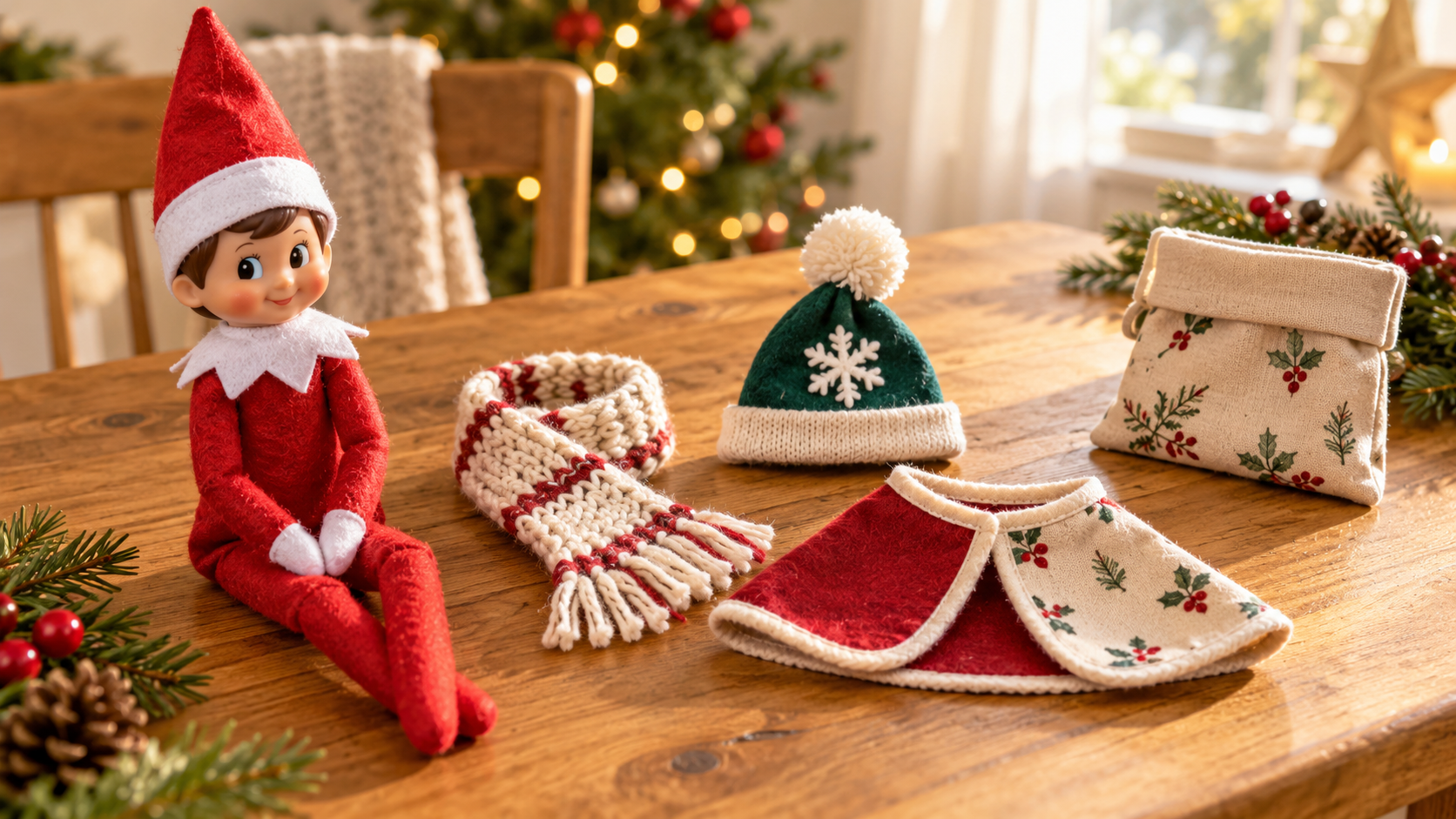 Elfo navideño junto a una bufanda, un gorro y una capa de tela para muñeco