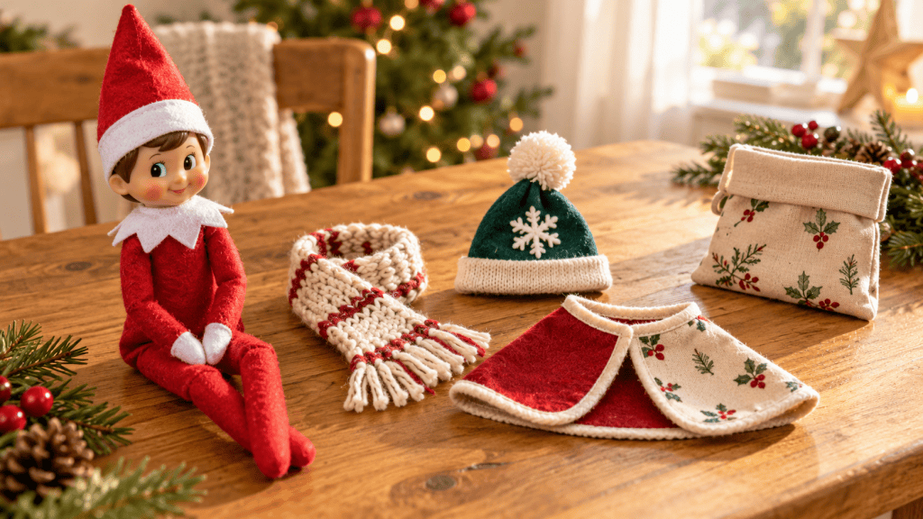 Elfo navideño junto a una bufanda, un gorro y una capa de tela para muñeco