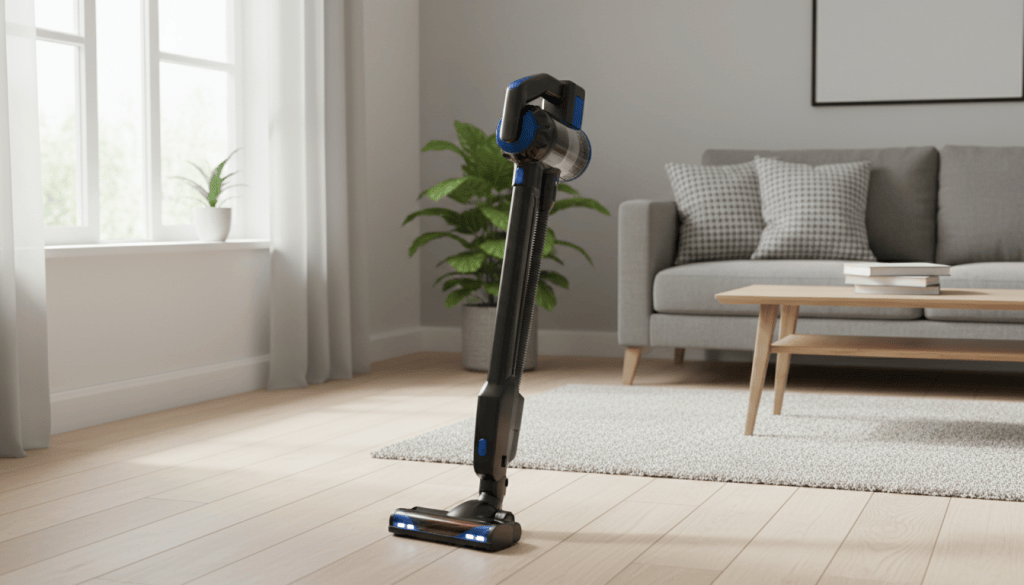 Aspiradora escoba con tubo flexible y cabezal iluminado en el salón
