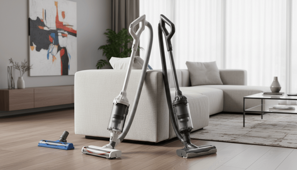 Dos aspiradoras escoba con tubos flexibles y accesorios en casa
