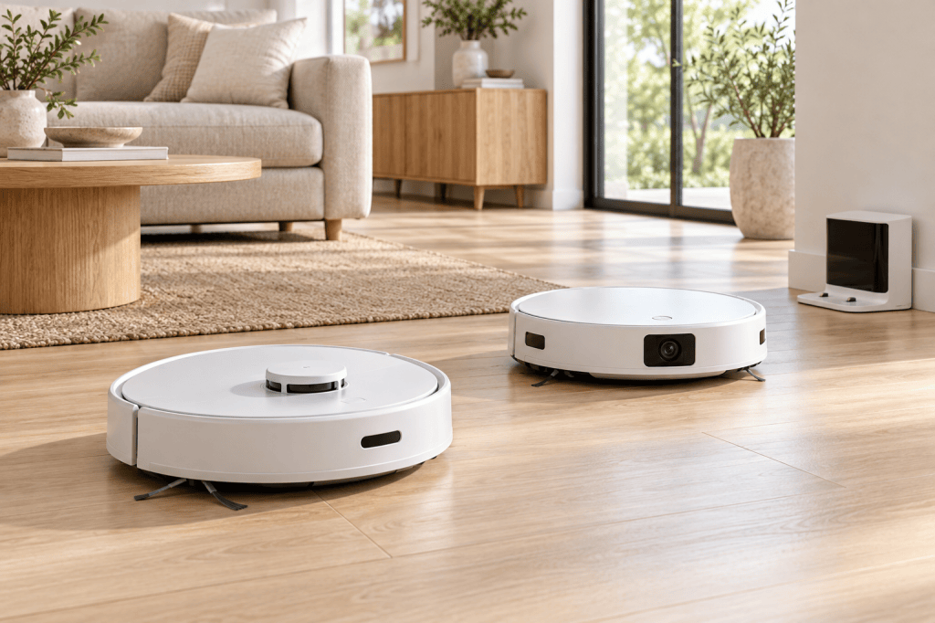 Dos robots aspiradores blancos con sensores de navegación en un salón luminoso