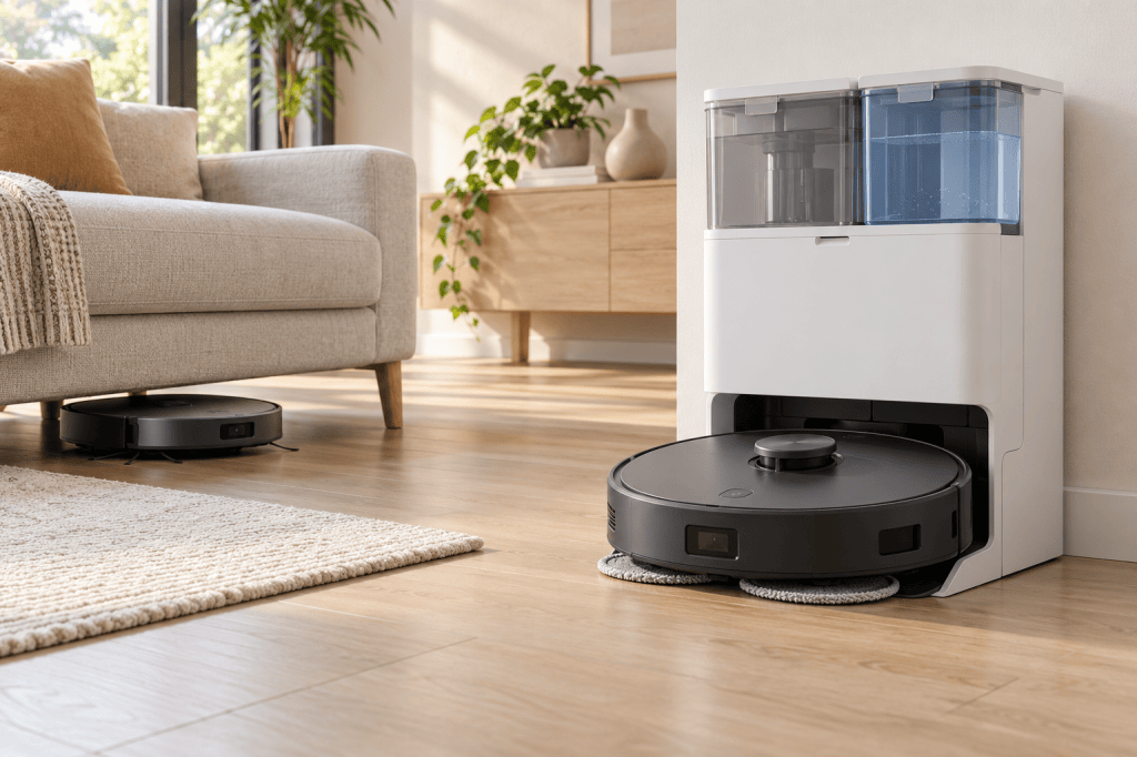 Robot Rowenta X-Plorer con estación multifunción junto a un modelo compacto de perfil bajo