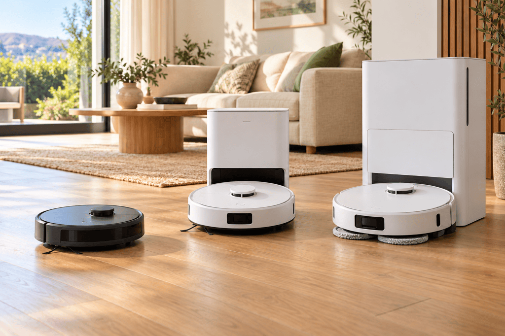 Tres generaciones de robots aspiradores en una sala luminosa, con un modelo antiguo, otro con base de autovaciado y un robot con mopas giratorias.