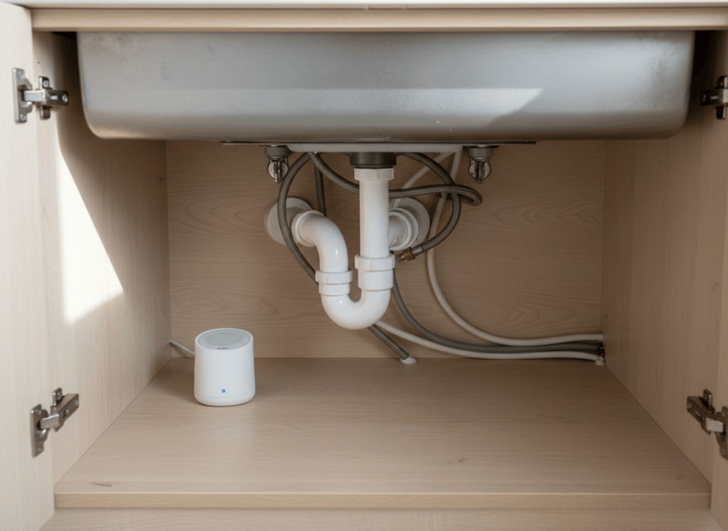 Sensor de fuga de agua junto a tuberías bajo el fregadero