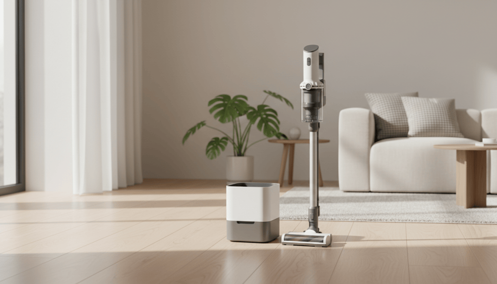 Aspiradora inalámbrica con base de vaciado automático en un salón