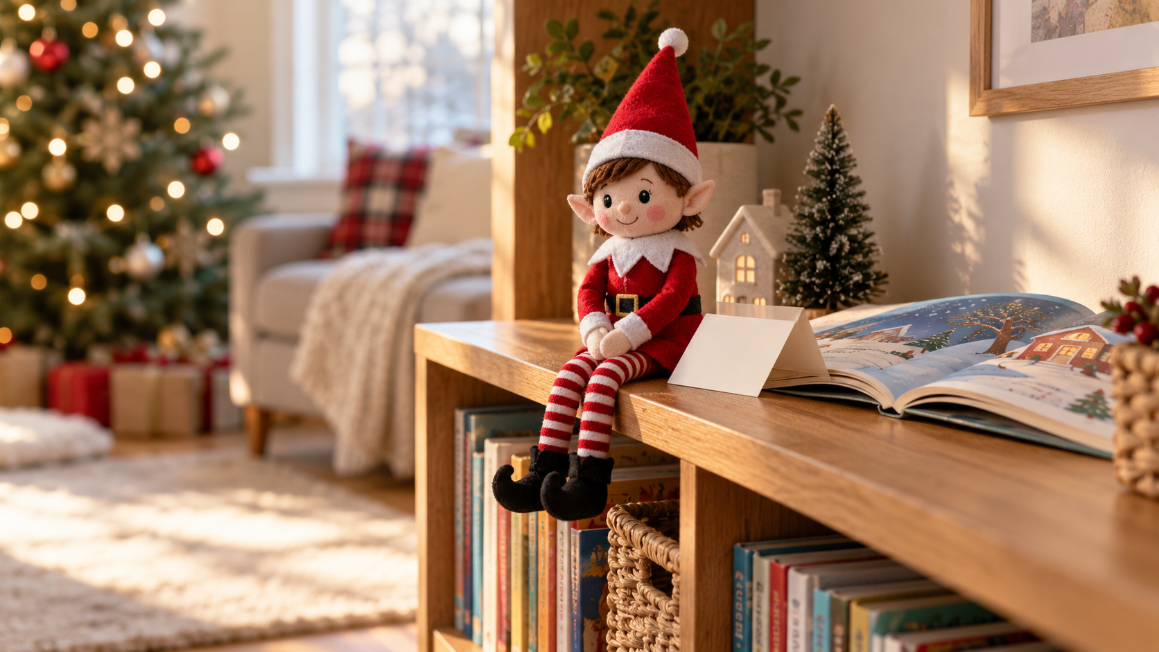 Muñeco de elfo navideño junto a un libro abierto y una nota en blanco en una estantería baja