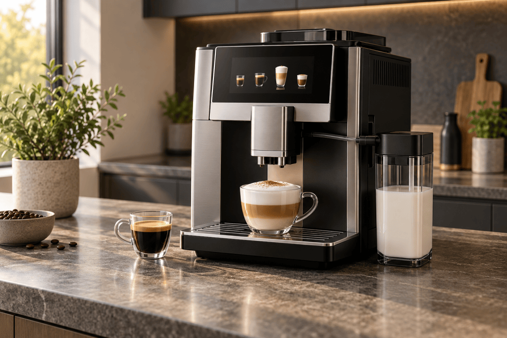 Cafetera Siemens superautomática negra y plateada con pantalla TFT, jarra de leche y tazas de café