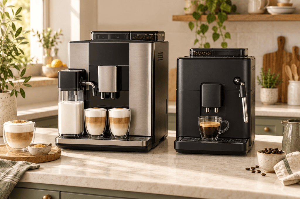 Cafetera Siemens EQ.500 con depósito de leche junto a una CREATE Thera Matic con varilla de vapor manual