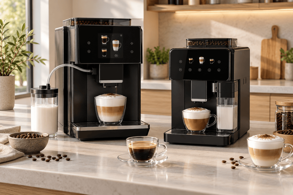 Dos cafeteras superautomáticas con sistemas automáticos de leche y depósitos diferentes