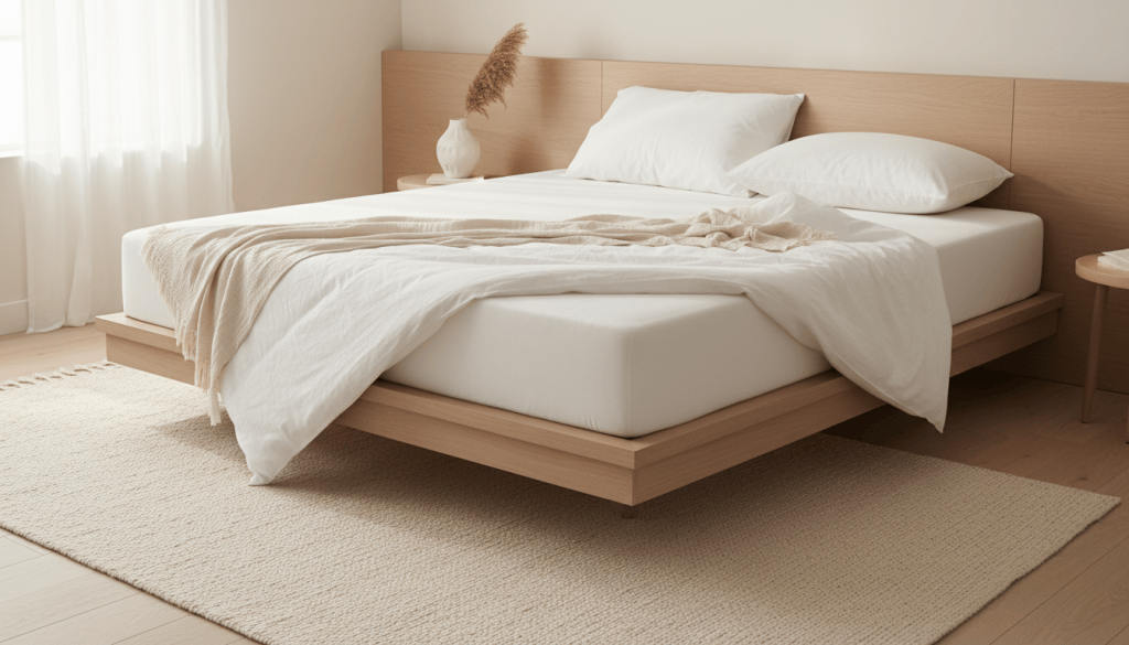 Sobrecolchón blanco colocado sobre una cama en un dormitorio luminoso