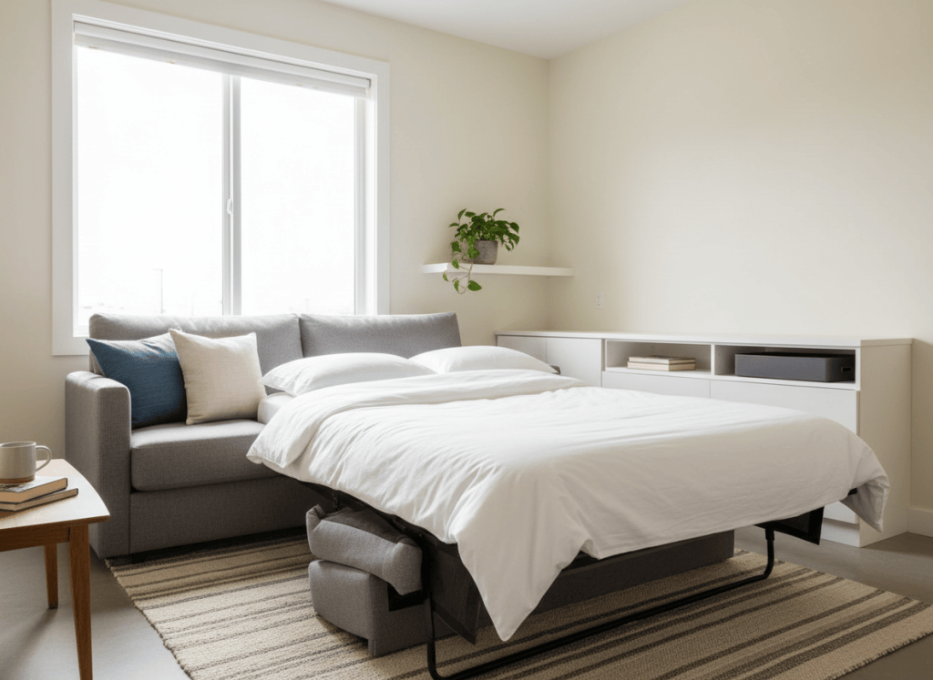 Sofá cama en un piso pequeño y funcional