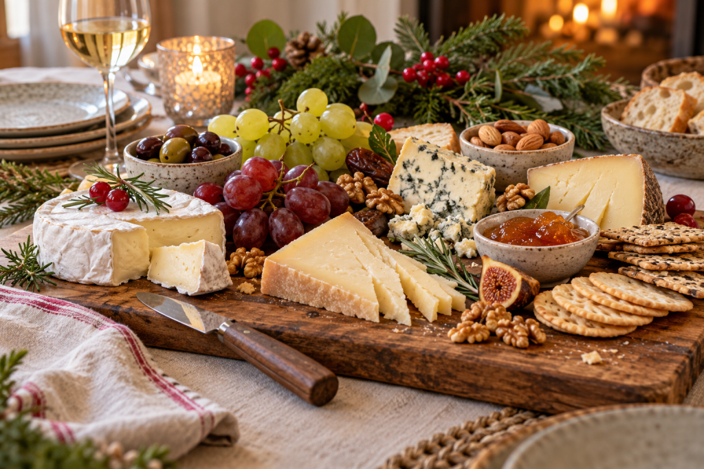 Tabla de madera con quesos, uvas, frutos secos y crackers para servir aperitivos en Navidad