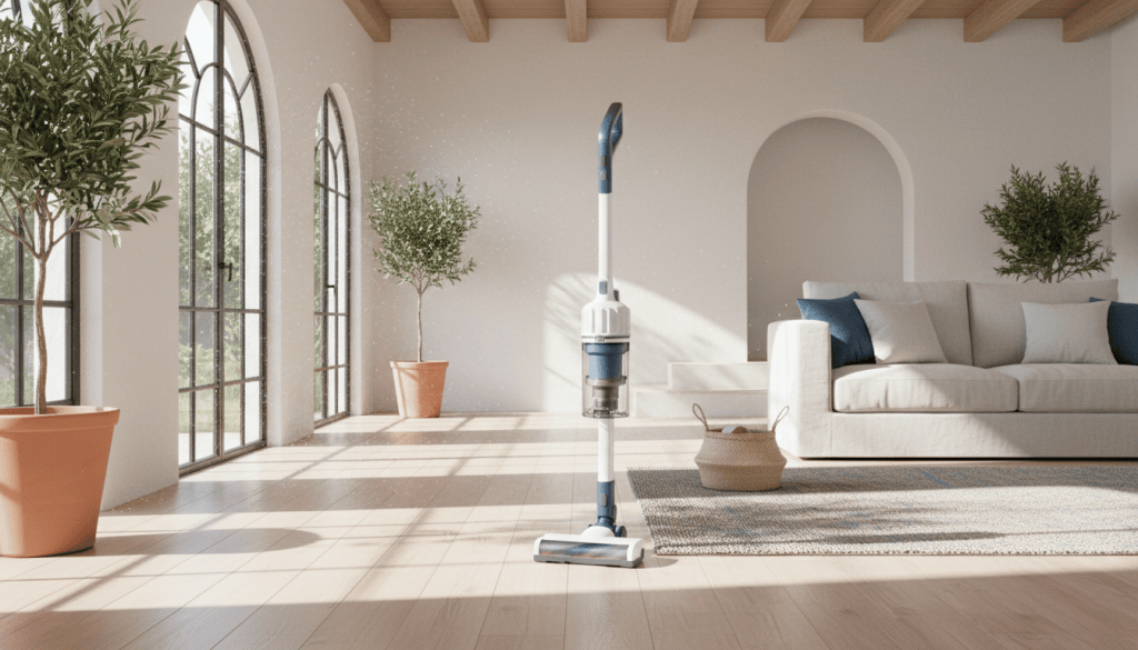 Aspiradora vertical inalámbrica limpiando suelo en una vivienda
