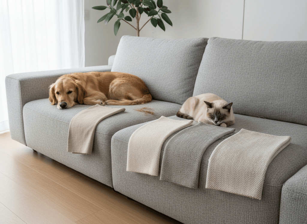 Muestras de tejidos de sofá en un hogar con mascotas
