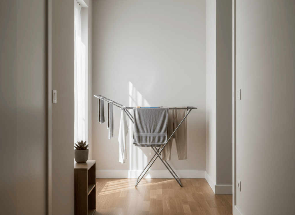 Tendedero plegable compacto con ropa en un piso pequeño