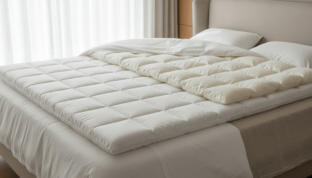 Toppers acolchados de fibra y plumón sobre una cama para comparar