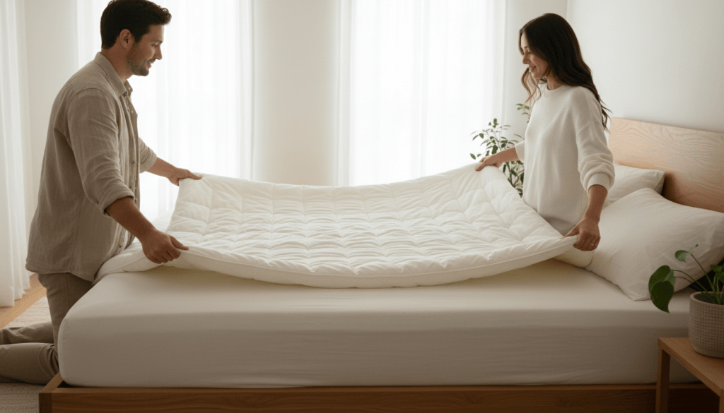 Pareja coloca un topper sobre una cama amplia