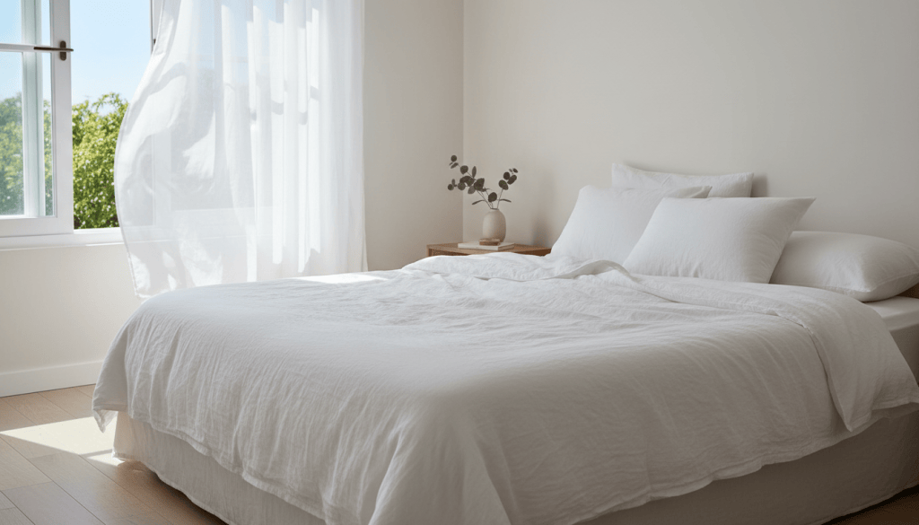 Topper sobre una cama con ropa ligera en un dormitorio luminoso