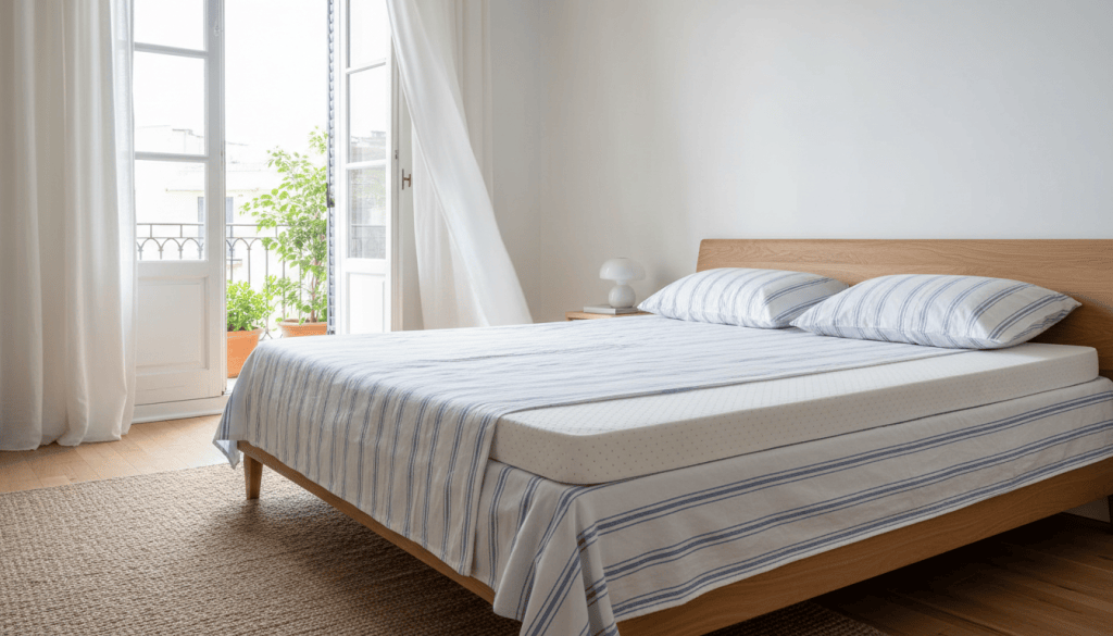 Topper viscoelástico Pikolin Coolpik en una cama luminosa con sábanas blancas y azules