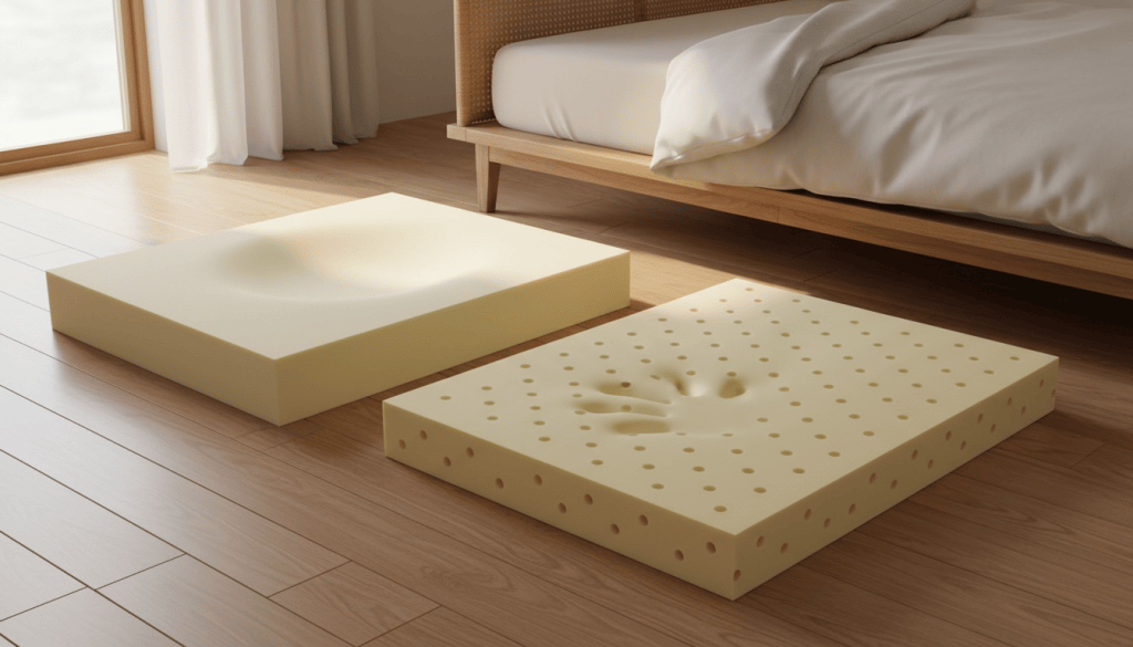 Muestras de espuma viscoelástica y látex para comparar toppers