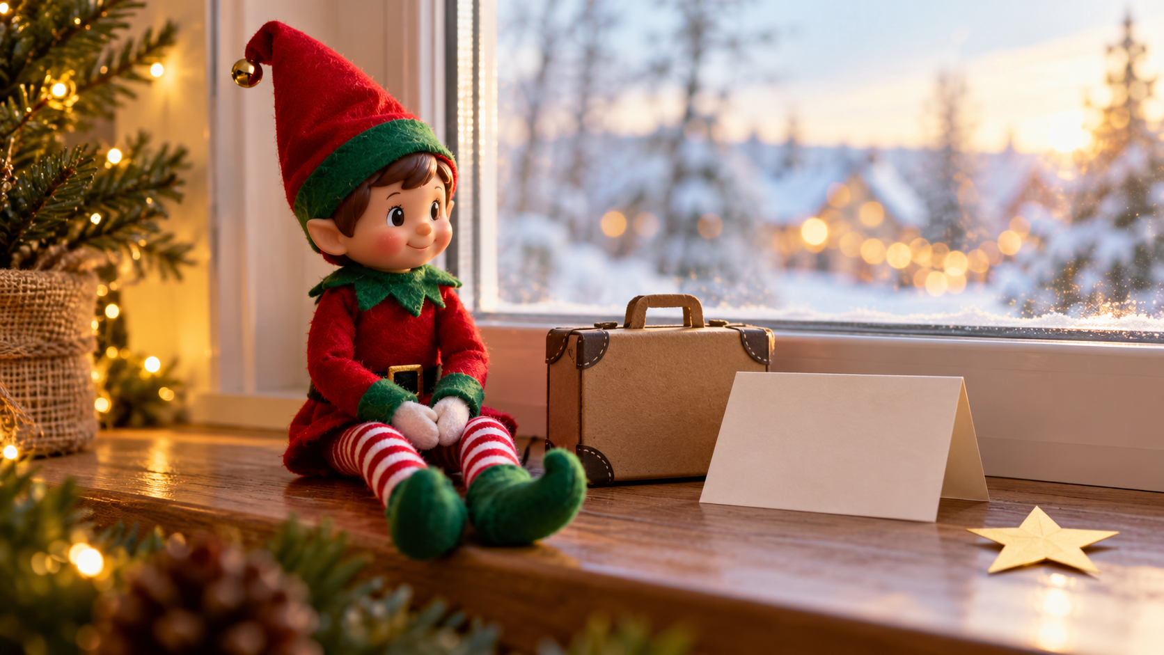 Muñeco de elfo navideño junto a una pequeña maleta y una tarjeta de despedida en una ventana de invierno