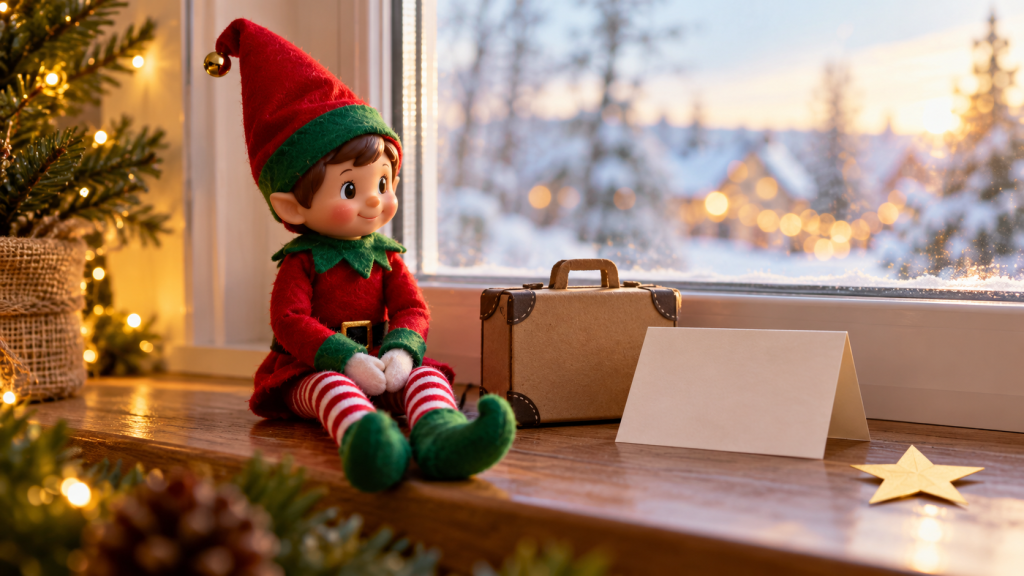 Muñeco de elfo navideño junto a una pequeña maleta y una tarjeta de despedida en una ventana de invierno