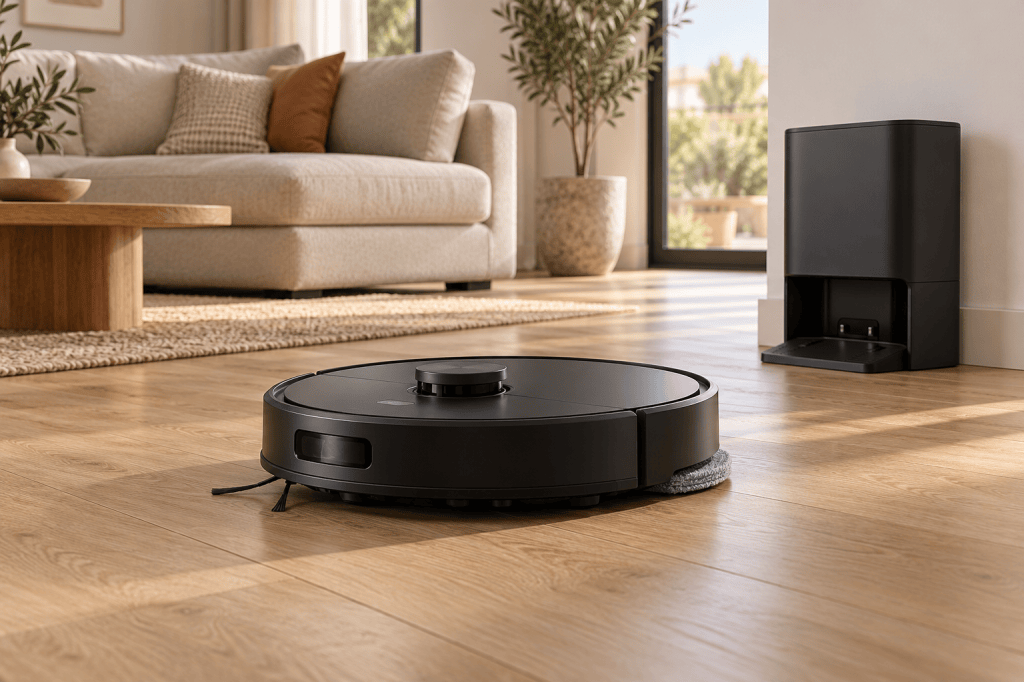 Robot aspirador negro con mopa y base de autovaciado en un salón luminoso