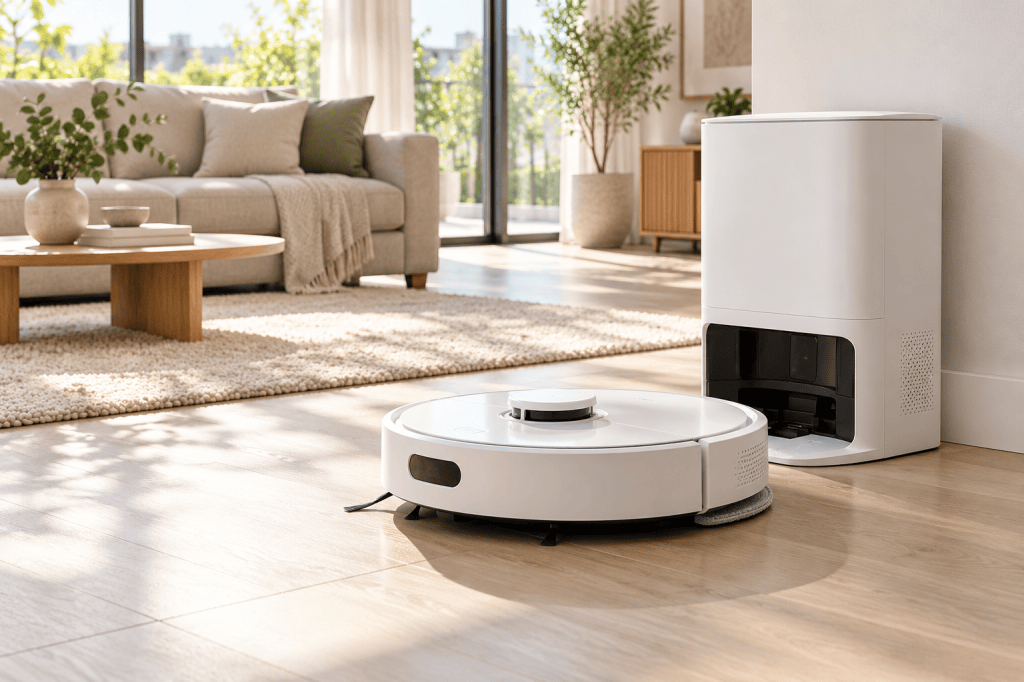 Robot aspirador blanco con mopa y base de vaciado en un salón luminoso