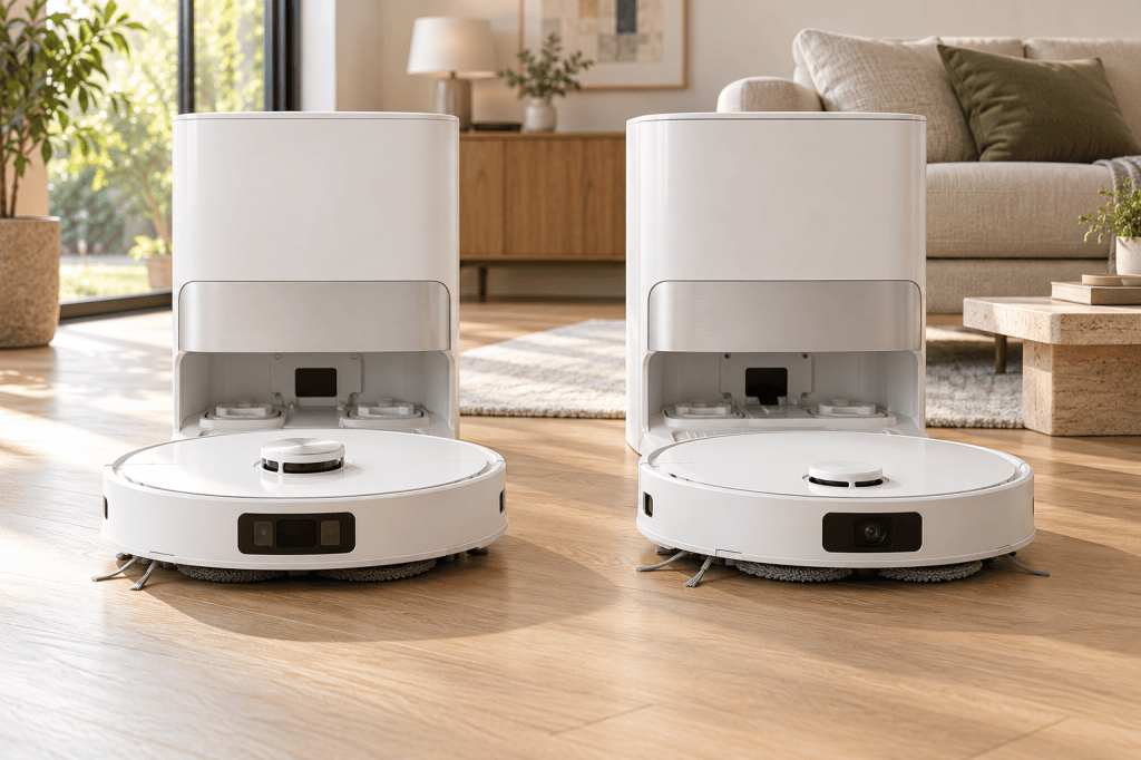 Dos robots aspiradores blancos, uno con sensor láser y otro con cámara frontal