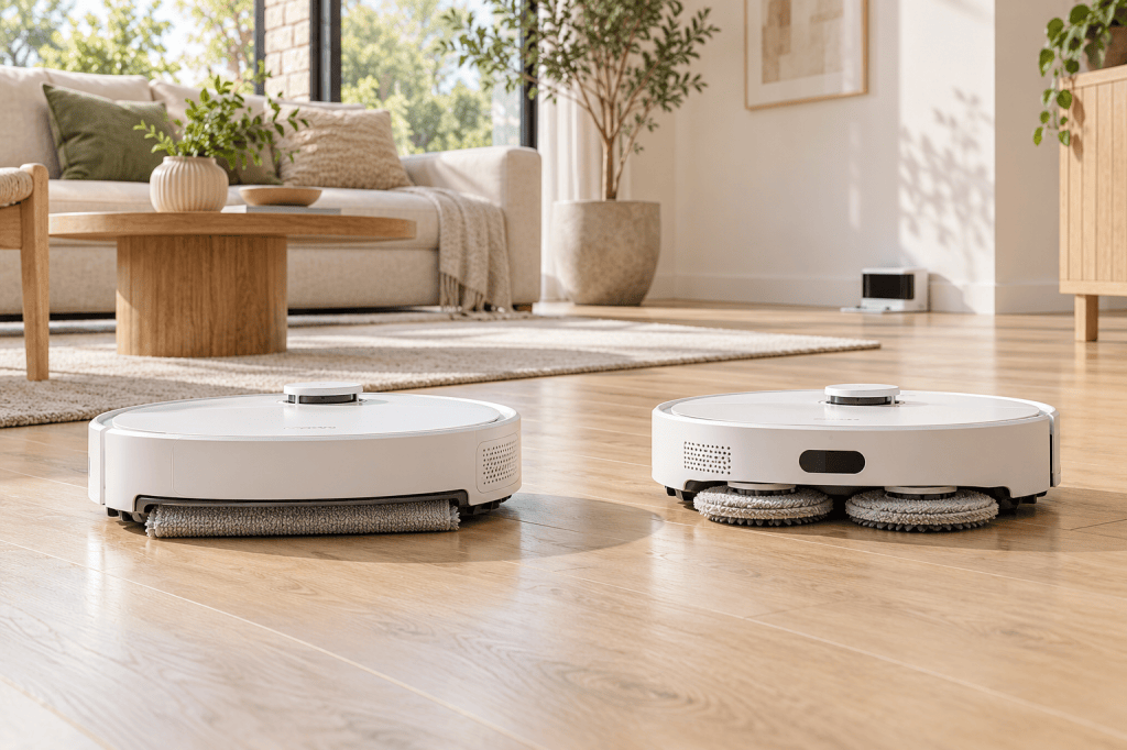 Dos robots aspiradores blancos, uno con mopa plana y otro con dos mopas giratorias