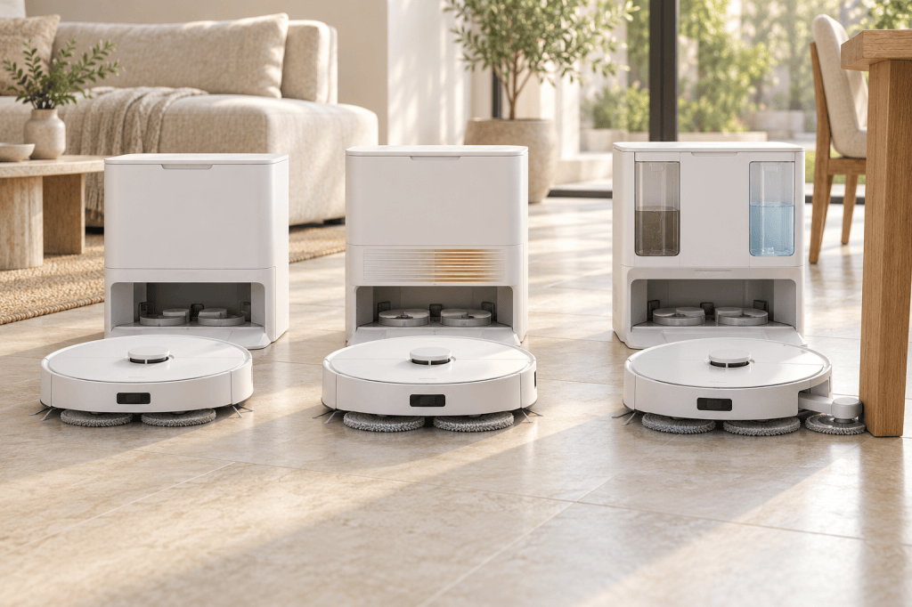 Tres robots aspiradores fregasuelos con mopas giratorias y bases multifunción