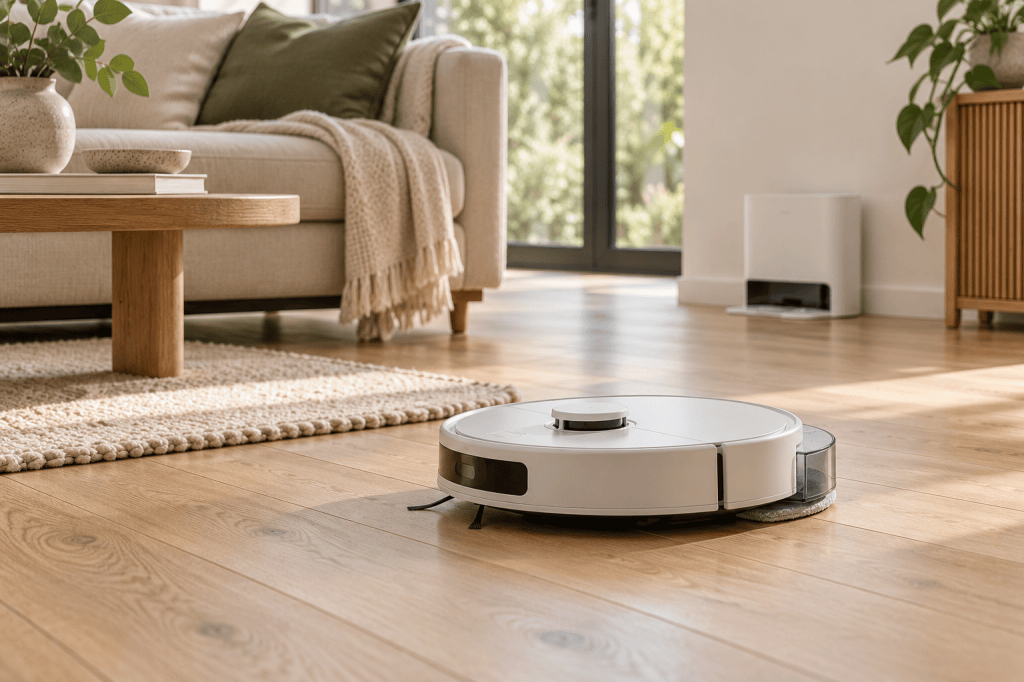 Robot aspirador redondo con mopa limpiando un suelo de madera en un salón luminoso